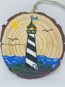 Black And White Striped Lighthouse On Coast Wood Ornament