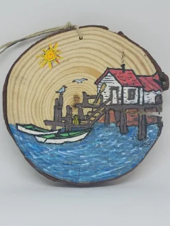 Boats At Pier Wood Ornament