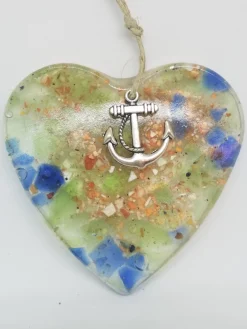 Crushed Lobster With Green And Blue Sea Glass Heart Ornament