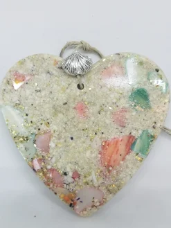 Heart With Crushed Clam And Pink Abalone Shell And Blue Sea Glass Ornament