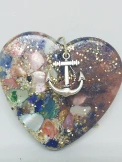 Heart With Crushed Clam And Abalone Shell And Blue And Green Sea Glass Ornament