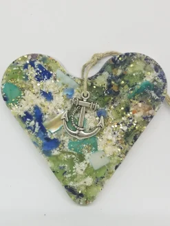 Heart With Crushed Clam Shell And Blue And Green Sea Glass Ornament