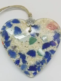 Heart With Crushed Clam Shell And Blue Sea Glass Ornament