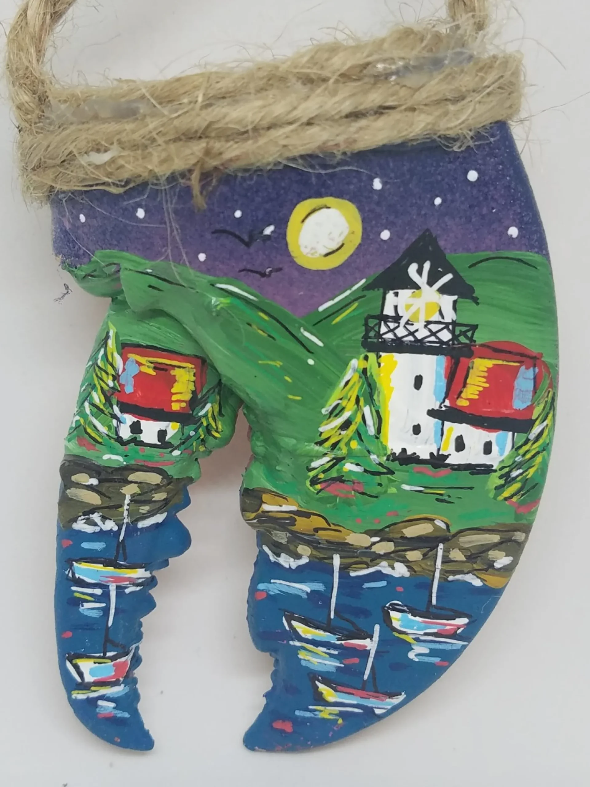 Lighthouse And Cottage With Boats In Water Evening Painted Lobster Claw Ornament