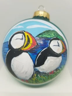 Puffins Painted Glass Ornament