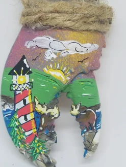 Red And White Striped Lighthouse With Moose On Hand Painted Lobster Claw Ornament