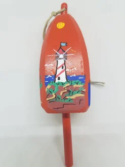 Red And White Striped Lighthouse On Orange Buoy Ornament