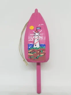 Red And White Striped Lighthouse On Pink Buoy Ornament