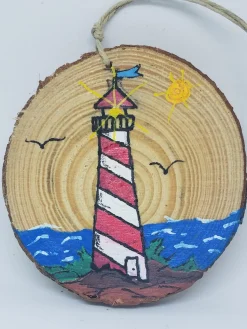 Red And White Striped Lighthouse On Wood Ornament