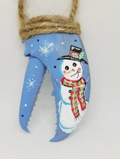 Snowman On Blue Painted Lobster Claw Ornament