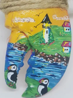 White Lighthouse With Cottages And Puffins Painted Lobster Claw Ornament